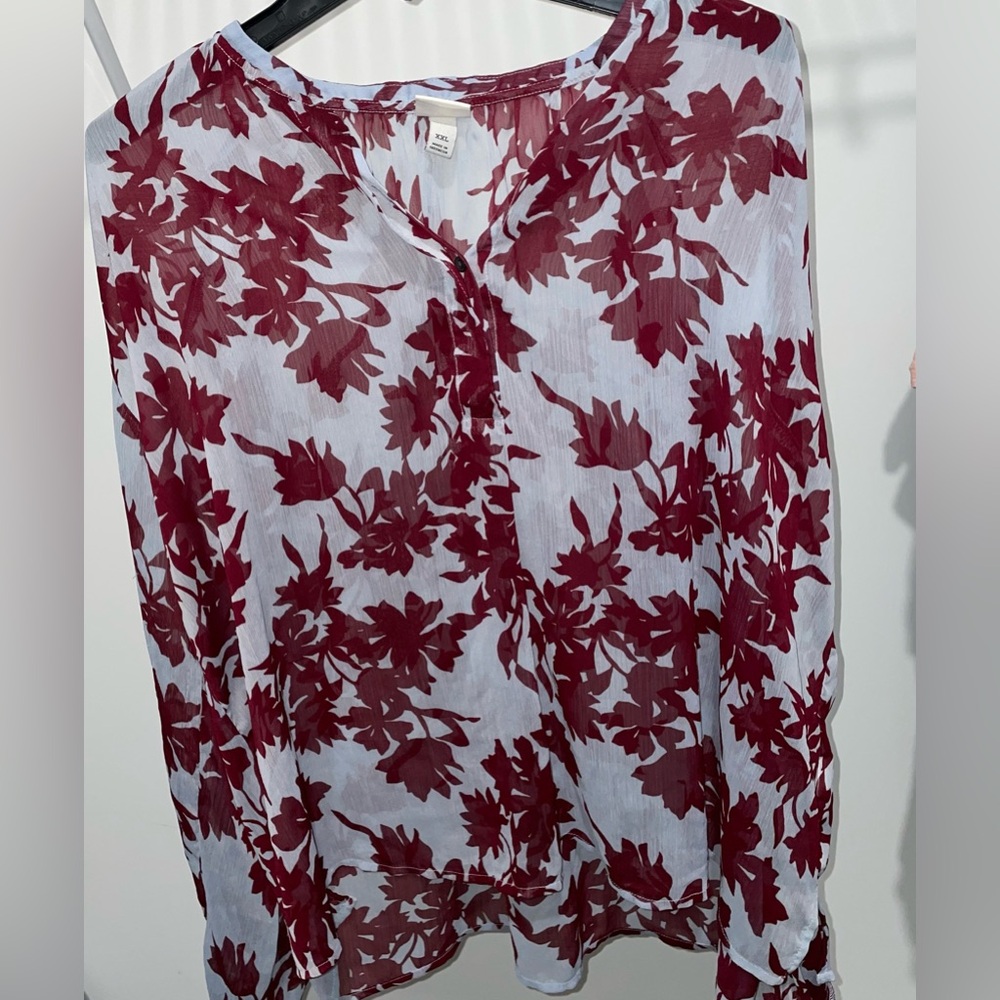 A New Day Blue Burgundy Semi Sheer Floral L/S Button Front Blouse